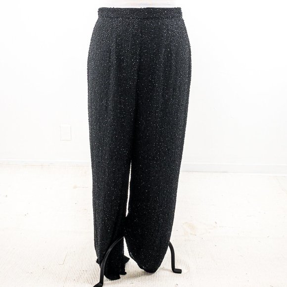 Vintage 80s Beaded Pants 14 Silk Formal Wide Leg Slacks Black - Picture 6 of 12